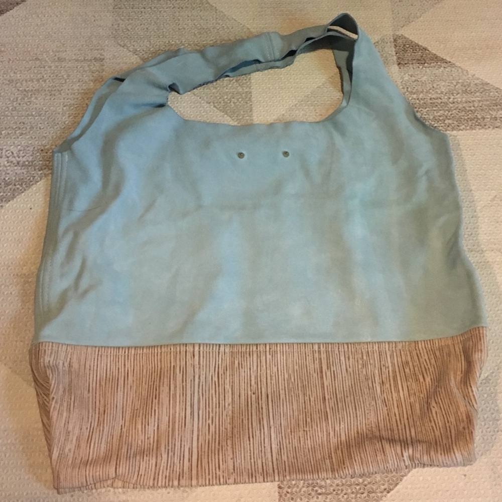 Suede Leather Baby Blue Brown Tote Bag
